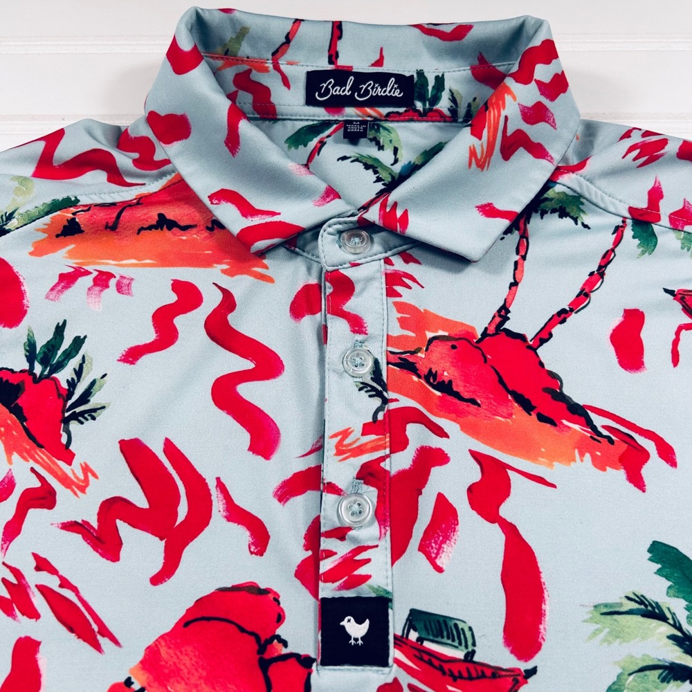 Bad Birdie Tropical Island Golf Polo Shirt Mens Med Blue Red Stretch Performance